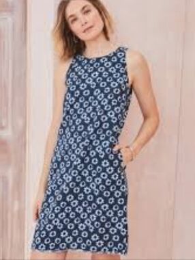 Garnet Hill Navy and White Floral Shift Linen Dress Size 4 Fringe Hem